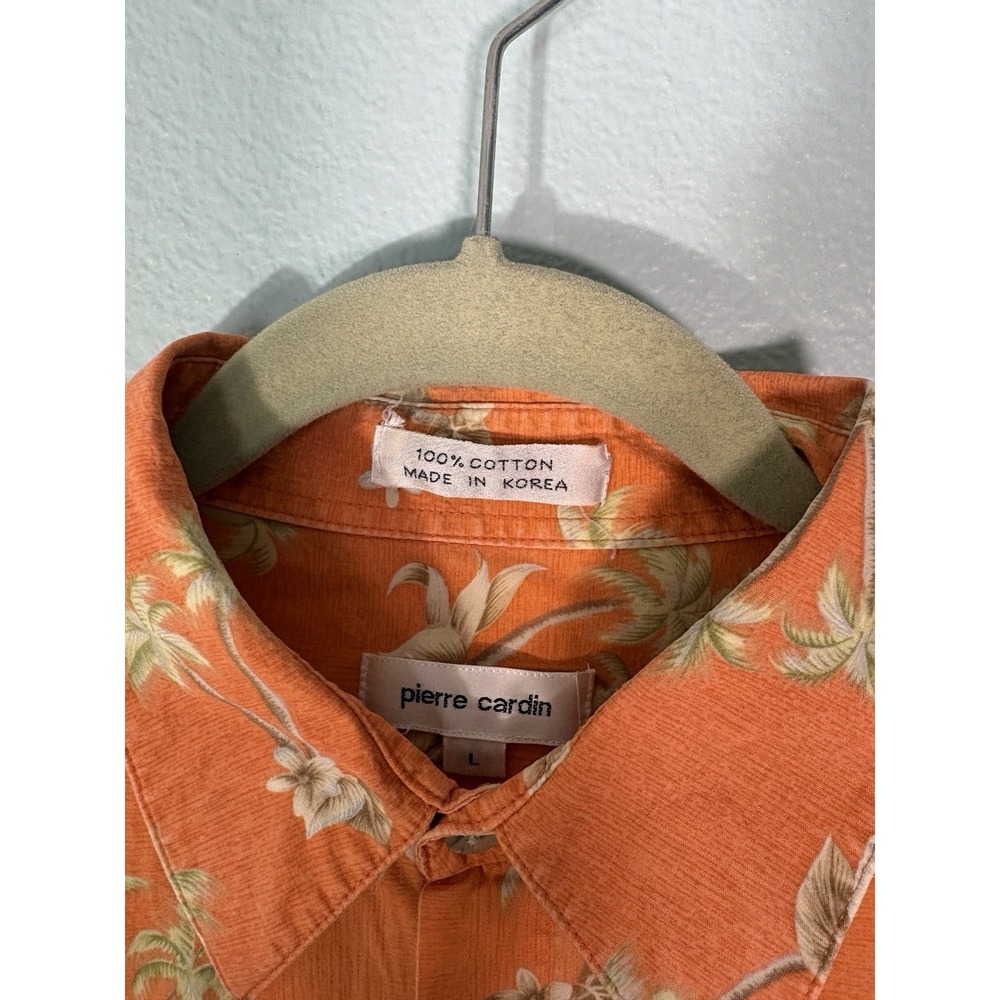 Vintage Pierre Cardin Mens Hawaiian Shirt Orange Tropical Palm Tree Casual L - Picture 2 of 6
